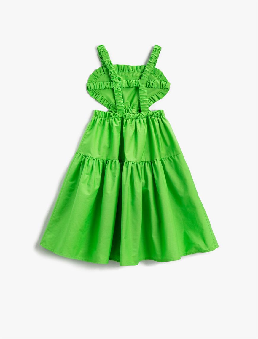  Kız Çocuk Elbise Fırfırlı Midi Sırtı Lastikli Pencere Detaylı Askılı Pamuklu