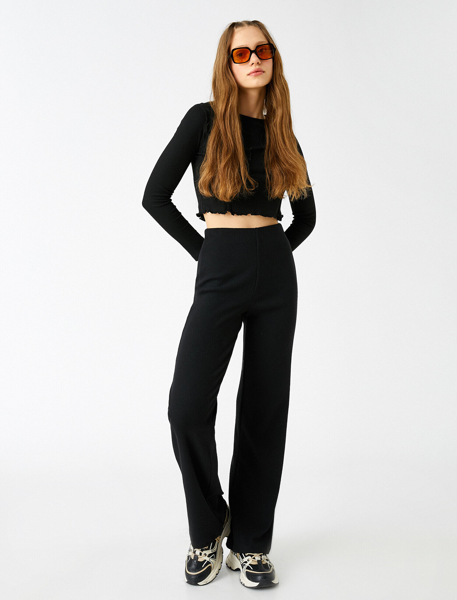   Dokuma İspanyol Paça Pantolon Yüksek Bel