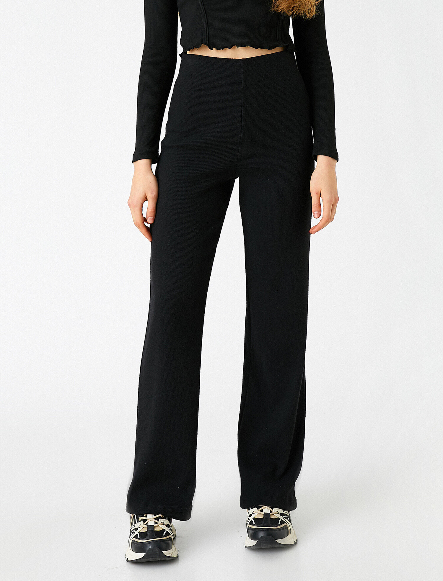   Dokuma İspanyol Paça Pantolon Yüksek Bel