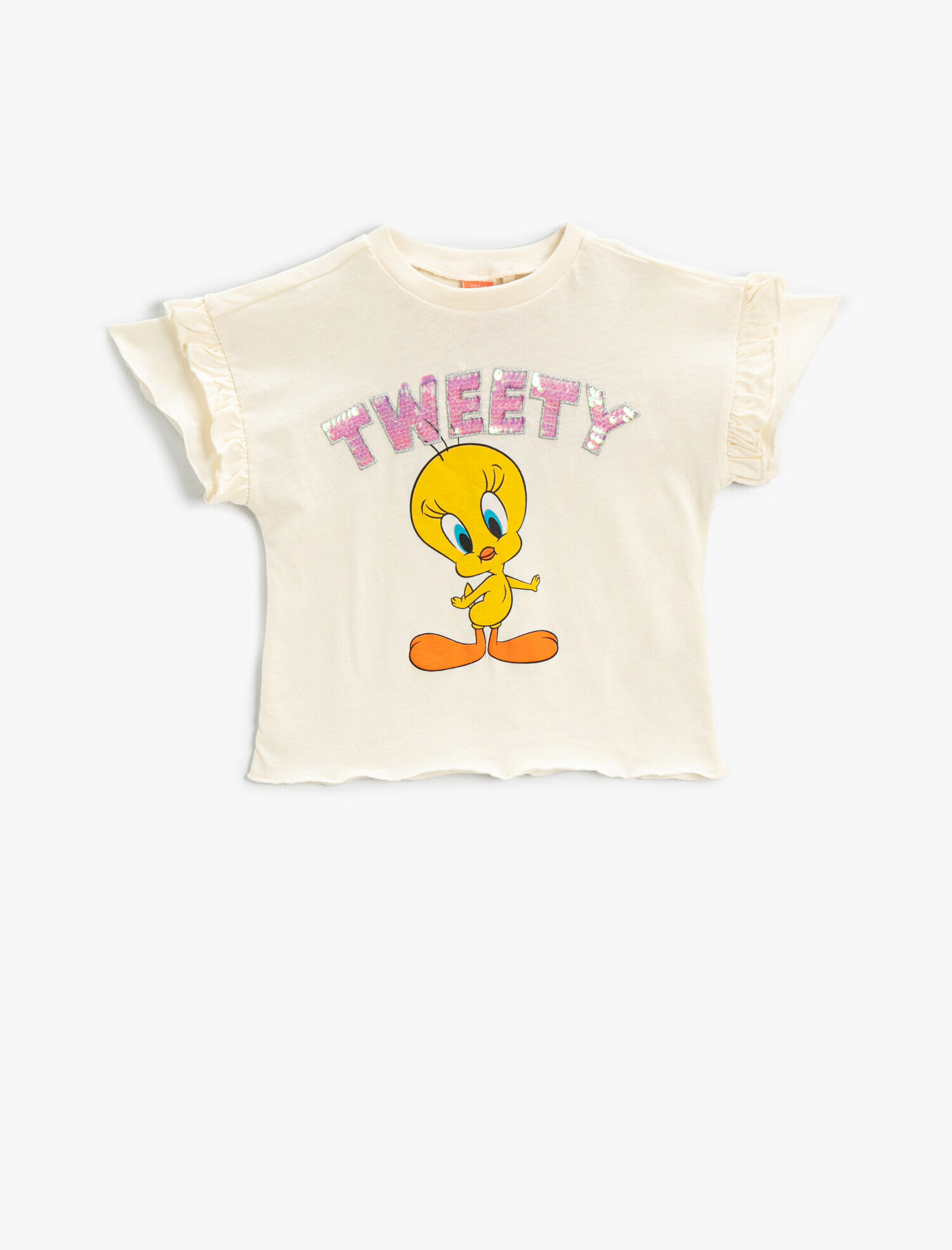 Kız Bebek Tweety Baskılı Pullu Payetli Tişört Lisanslı Fırfırlı Kollu Pamuklu