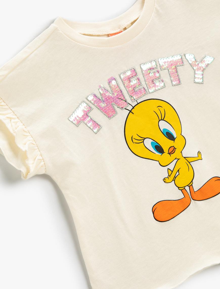  Kız Bebek Tweety Baskılı Pullu Payetli Tişört Lisanslı Fırfırlı Kollu Pamuklu