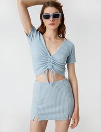 Crop Tişört Büzgülü V Yaka