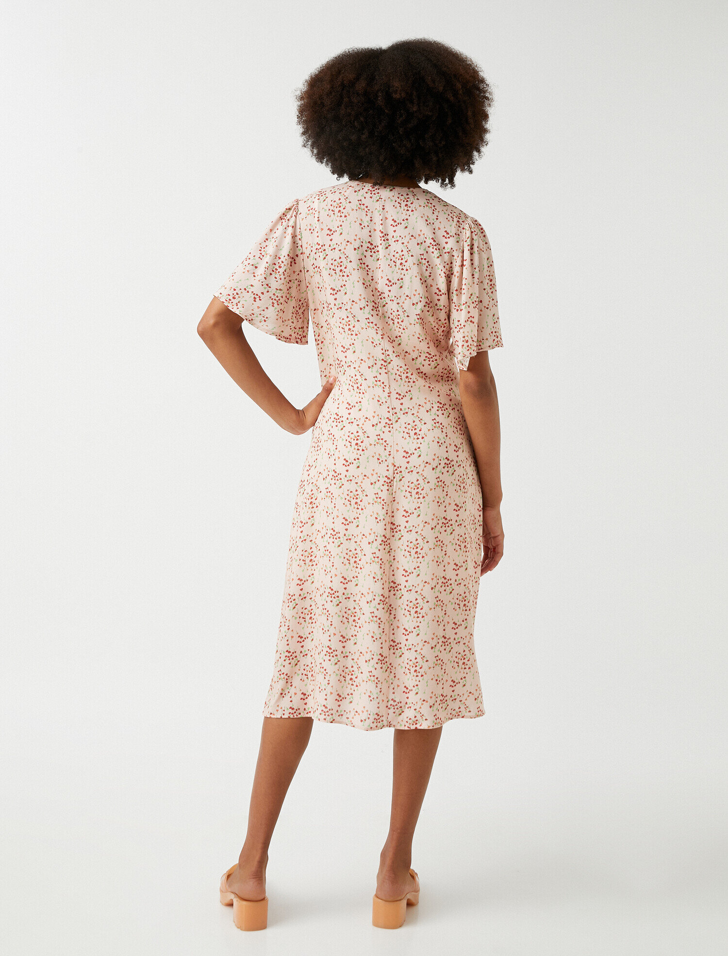   Çiçekli Midi Boy Elbise Kısa Kollu V Yaka