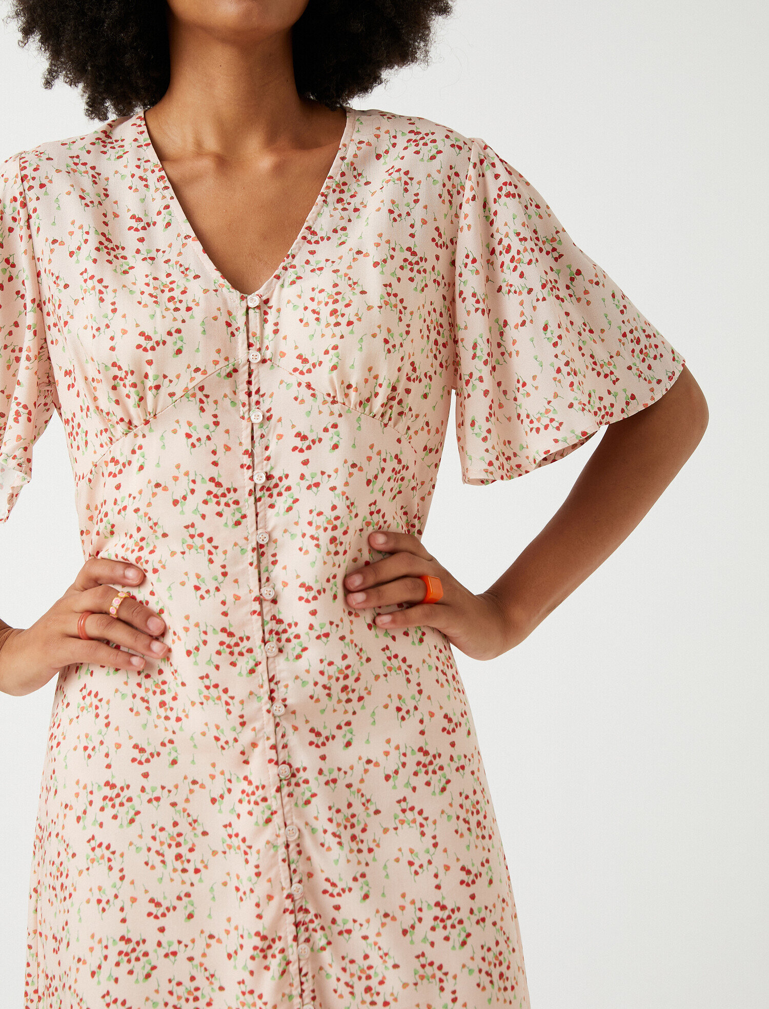   Çiçekli Midi Boy Elbise Kısa Kollu V Yaka