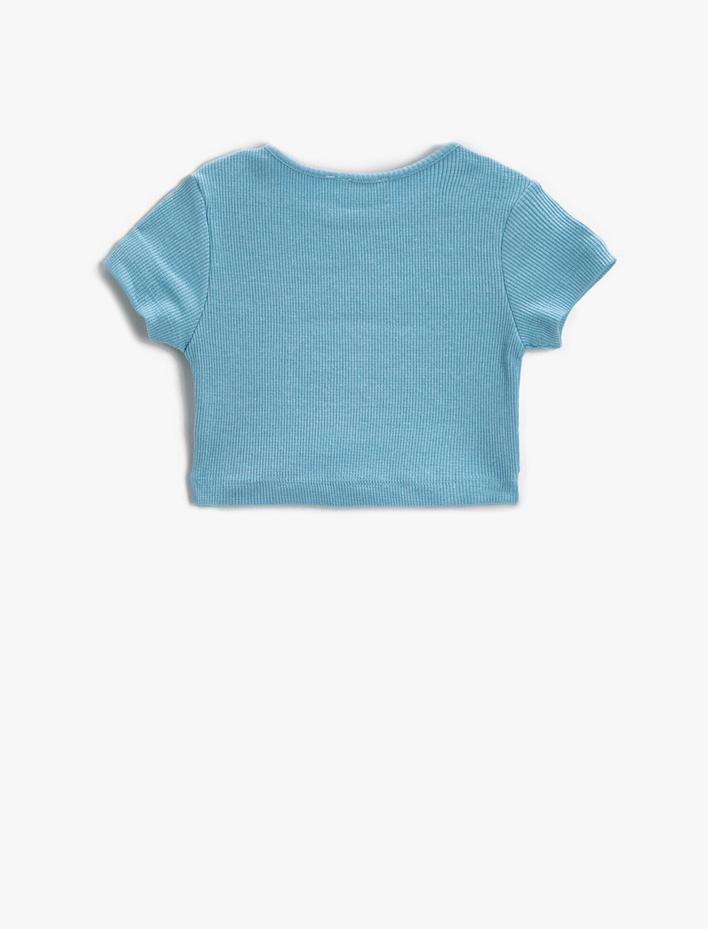 Kız Çocuk Crop Tişört Baskılı Kısa Kollu Bisiklet Yaka