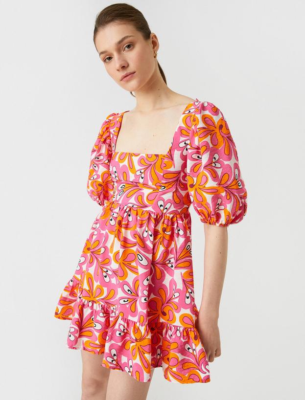   Mini Elbise Çiçekli Kare Yaka Balon Kollu