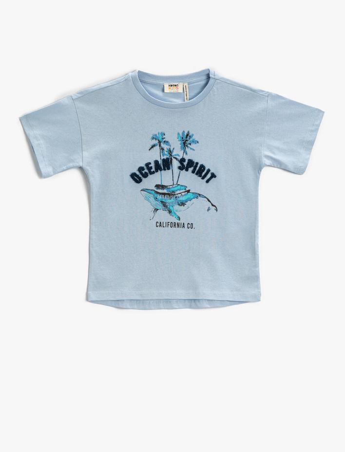 Erkek Çocuk Balina Baskılı Tişört Peluş Detaylı Kısa Kollu Bisiklet Yaka Pamuklu