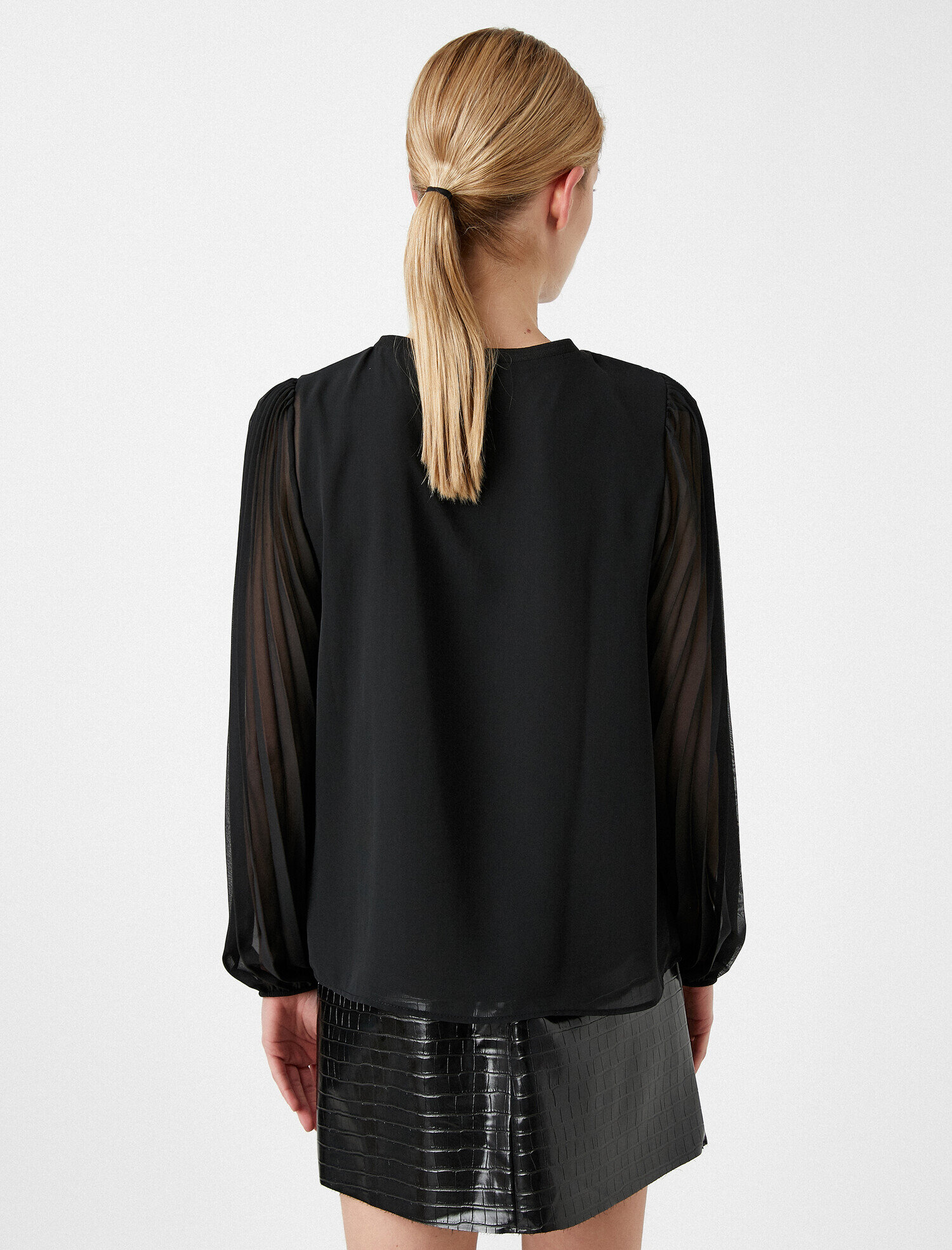   Tül Detaylı Bluz Bisiklet Yaka Uzun Kollu