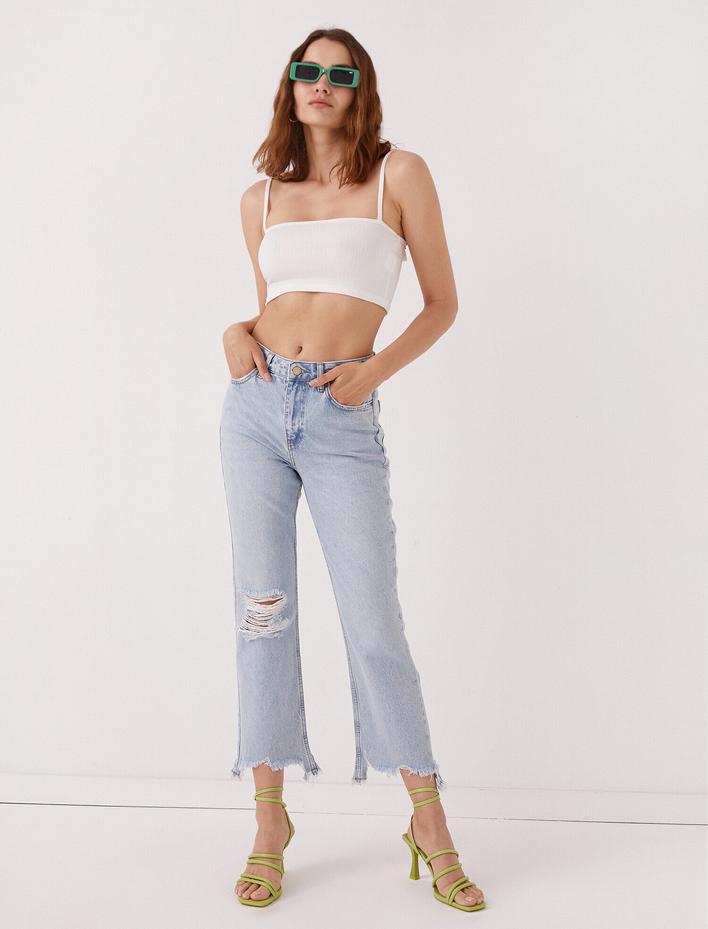  Crop Kot Pantolon Yırtık - Kick Flare Jean