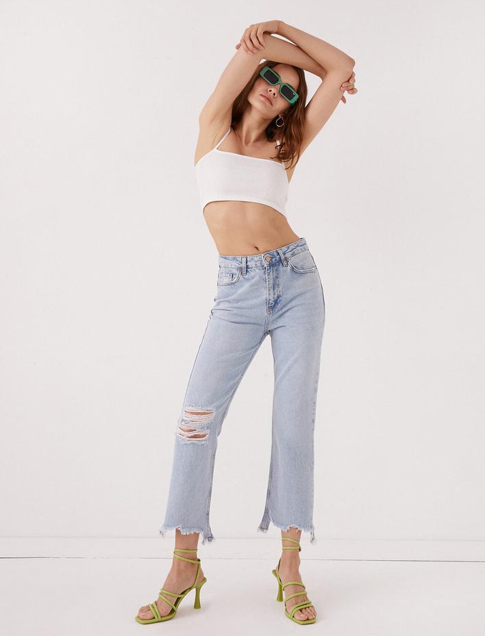  Crop Kot Pantolon Yırtık - Kick Flare Jean