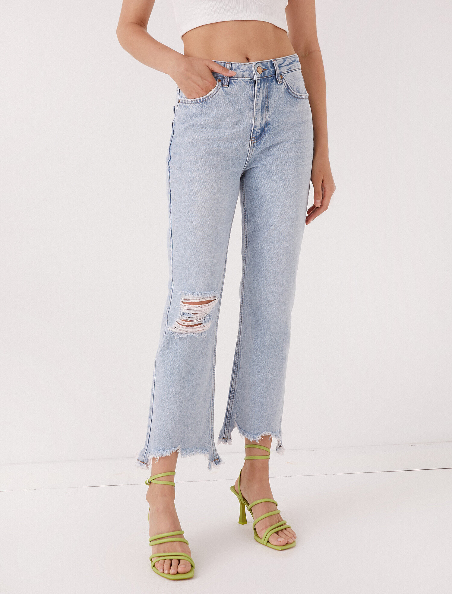 Crop Kot Pantolon Yırtık - Kick Flare Jean
