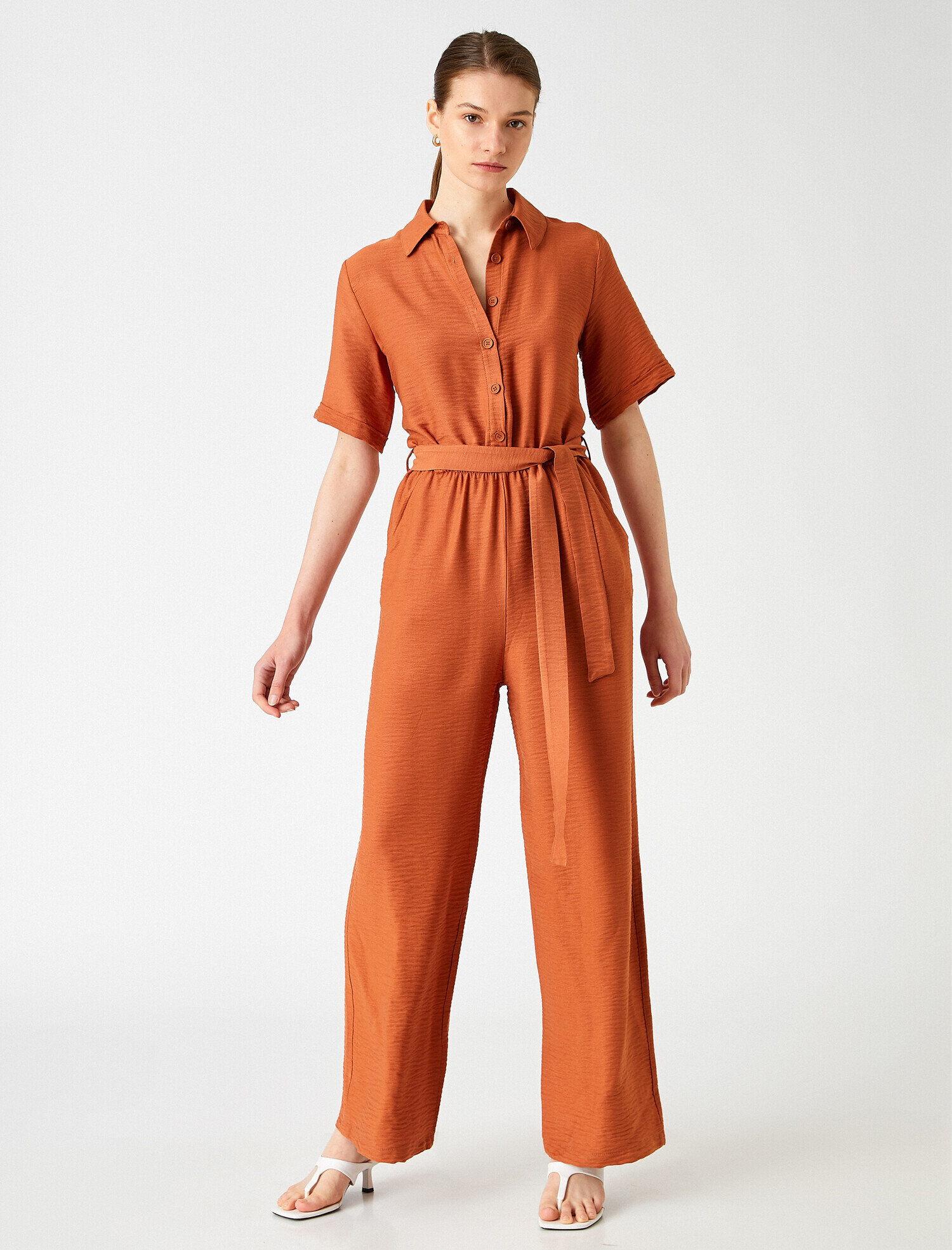   Gömlek Yaka Tulum Beli Kuşaklı Kısa Kollu