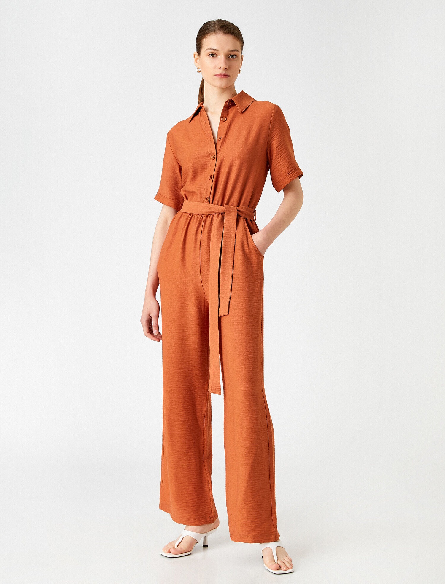   Gömlek Yaka Tulum Beli Kuşaklı Kısa Kollu