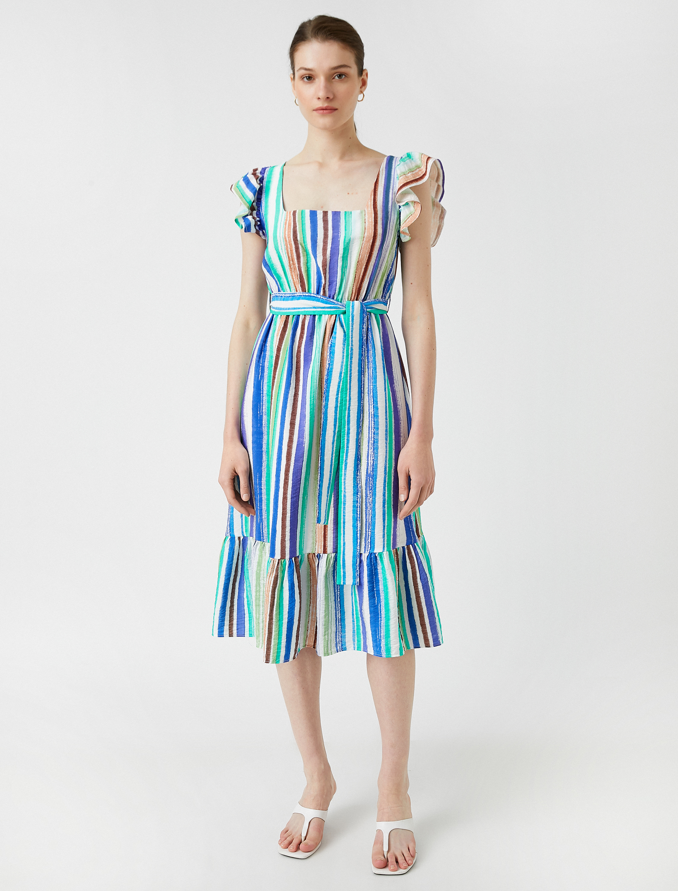 Midi Boy Viskon Elbise Fırfırlı Kuşaklı