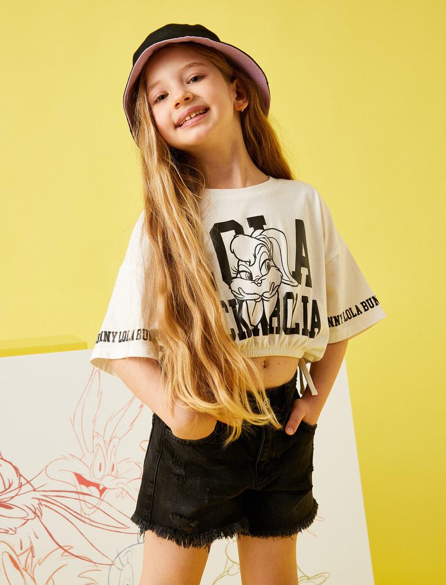  Kız Çocuk Lola Bunny Baskılı Crop Tişört Lisanslı Pamuklu