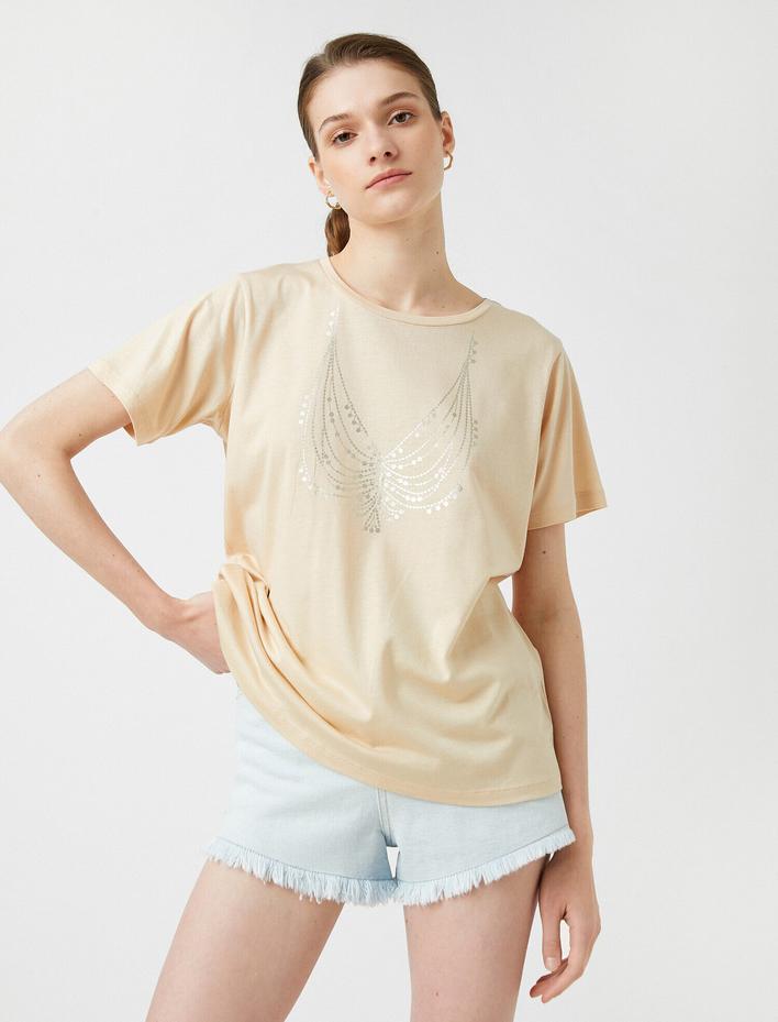  Baskılı Tişört Bisiklet Yaka Kısa Kollu Modal Karışımlı