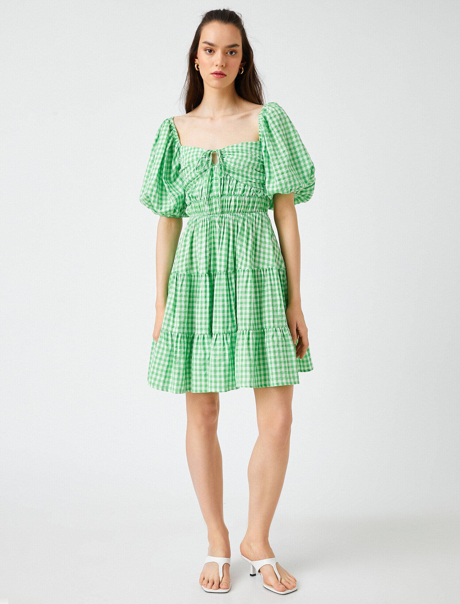   Balon Kol Elbise Fırfırlı Bağlama Detaylı Kısa Ekoseli