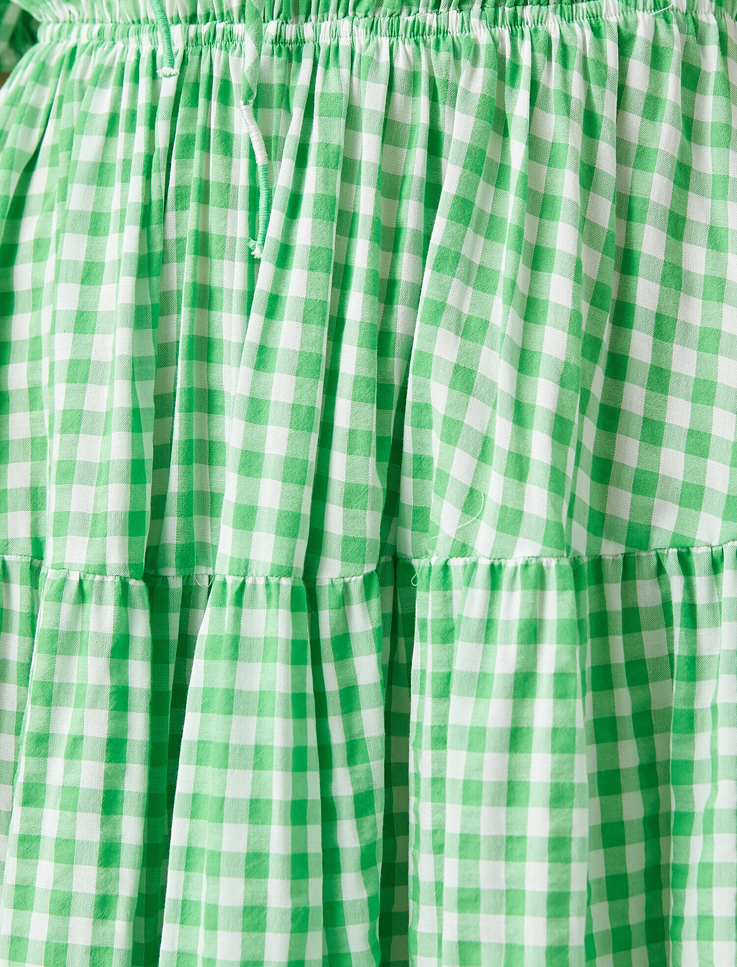   Balon Kol Elbise Fırfırlı Bağlama Detaylı Kısa Ekoseli