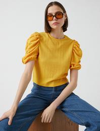 Büzgülü Balon Kollu Tişört Bisiklet Yaka