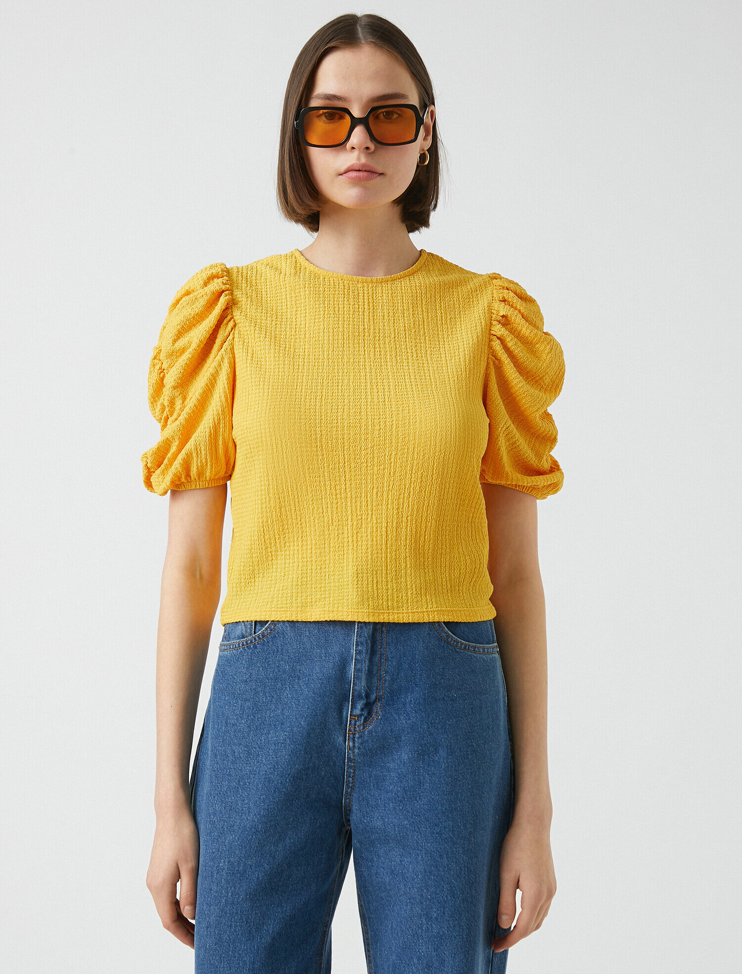   Büzgülü Balon Kollu Tişört Bisiklet Yaka