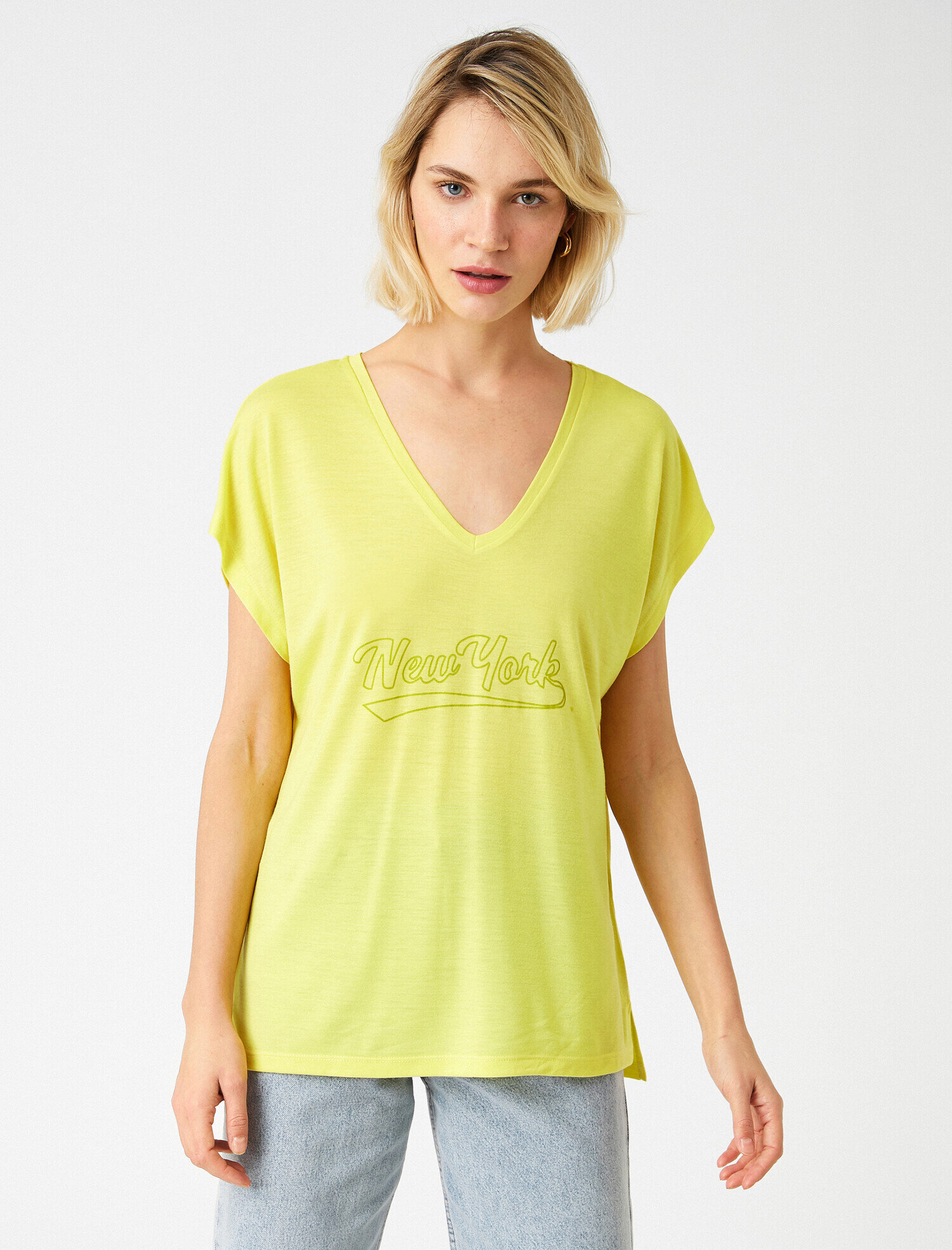   Yazı Baskılı Tişört V Yaka Kısa Kollu