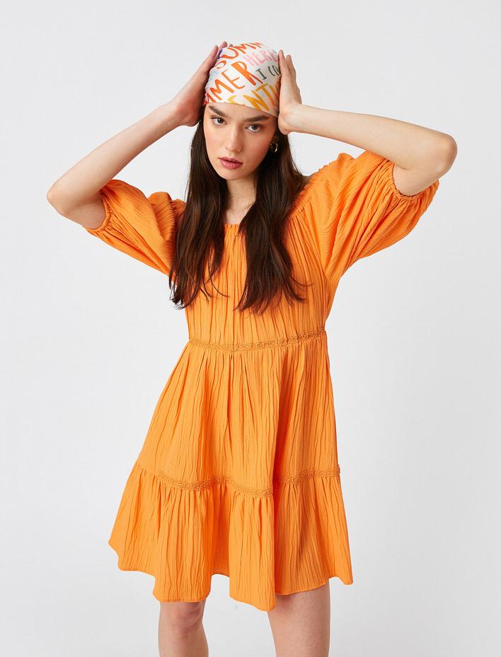  Mini Katlı Balon Kol Elbise Omzu Açık