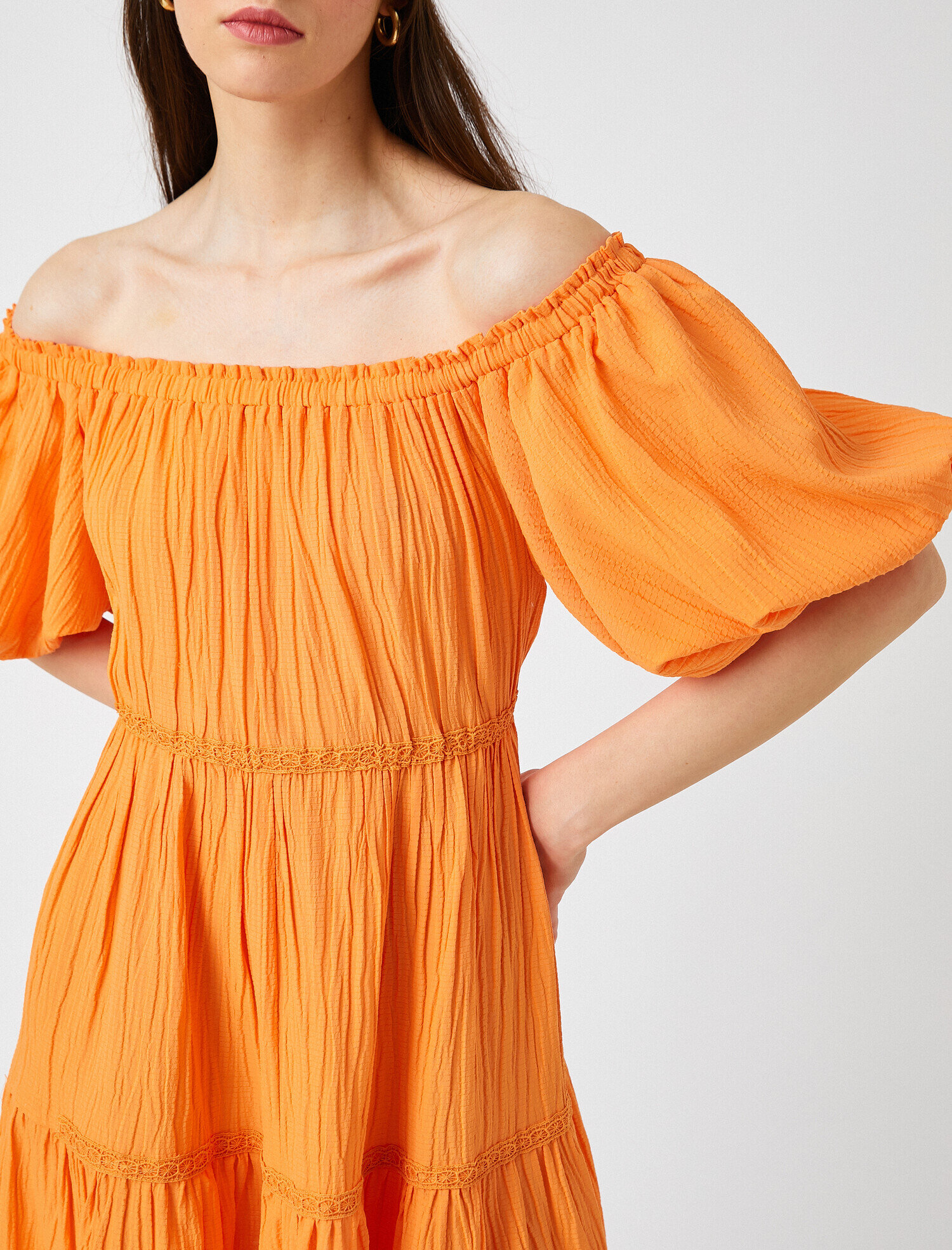   Mini Katlı Balon Kol Elbise Omzu Açık