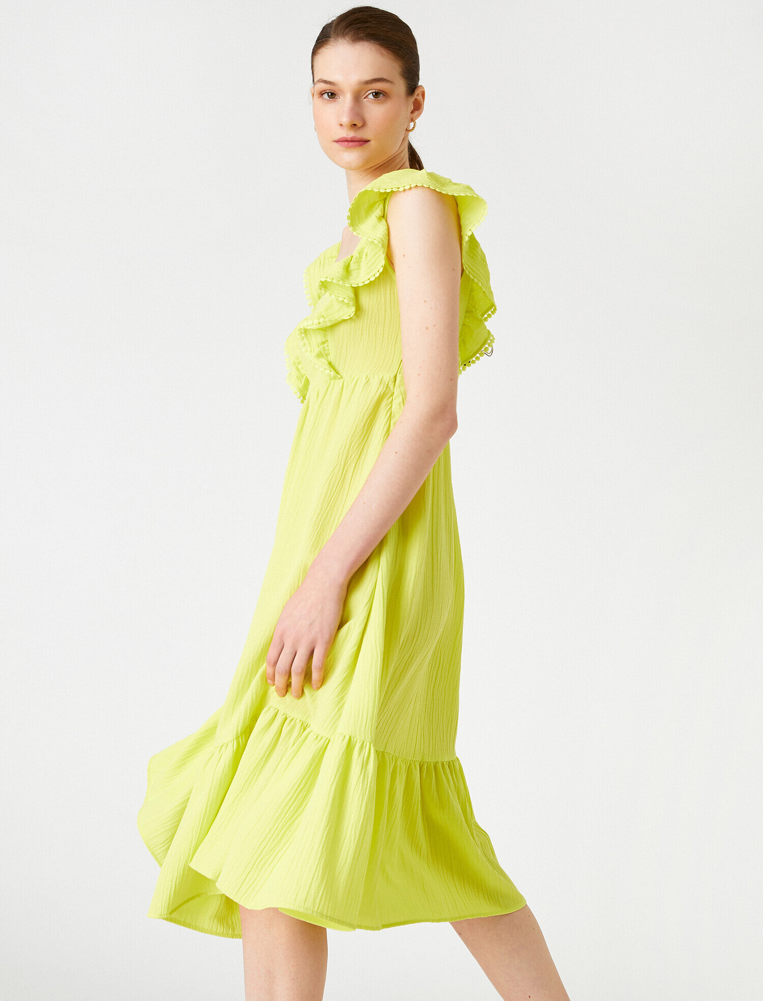   Midi Boy Fırfırlı Elbise Kısa Kollu Gipe Detaylı