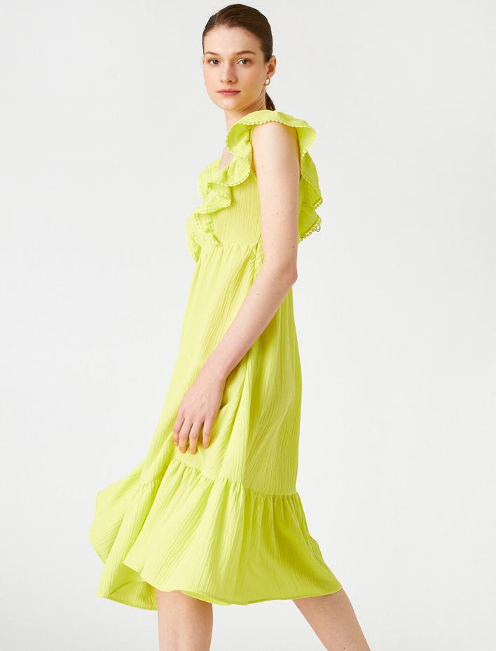  Midi Boy Fırfırlı Elbise Kısa Kollu Gipe Detaylı