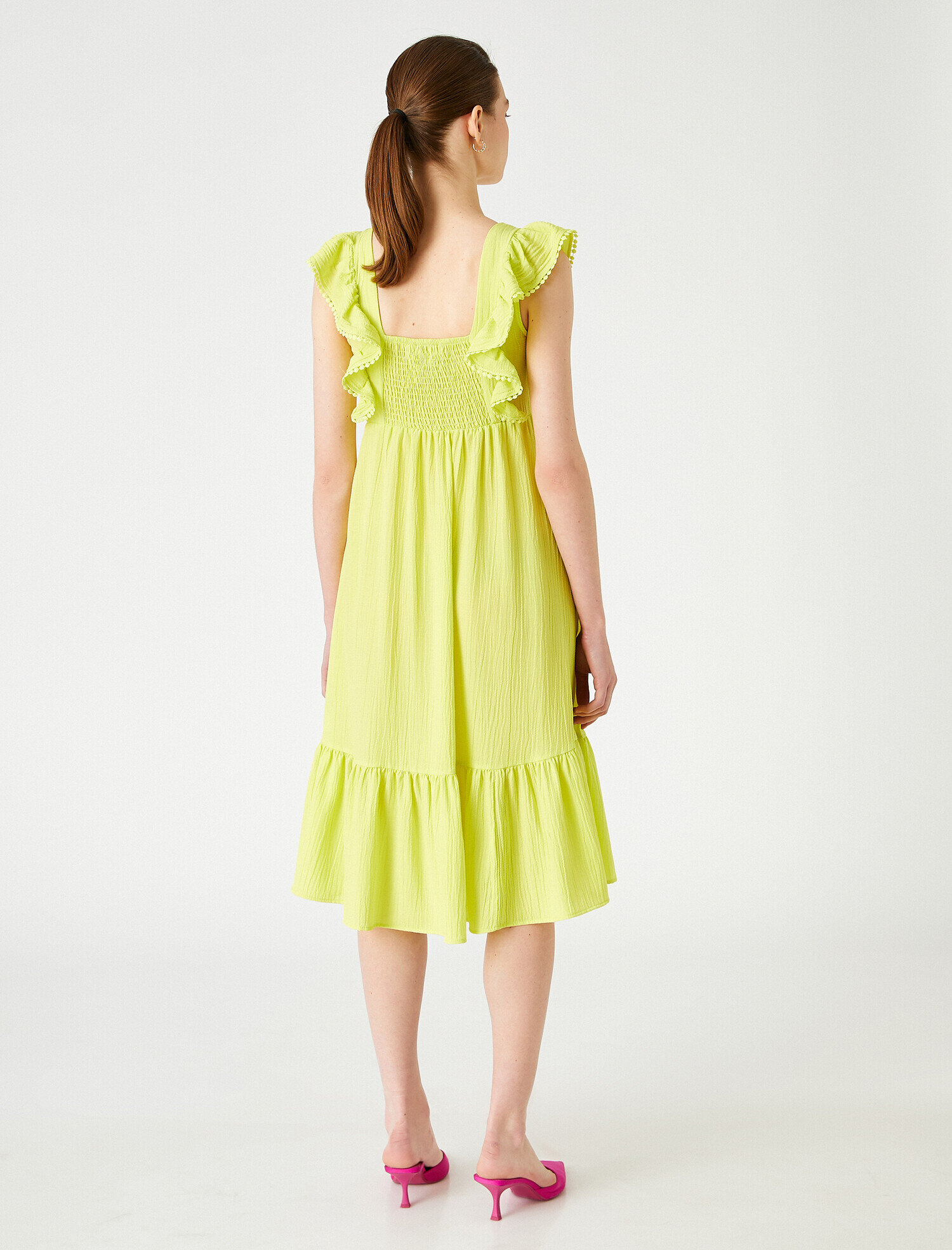   Midi Boy Fırfırlı Elbise Kısa Kollu Gipe Detaylı