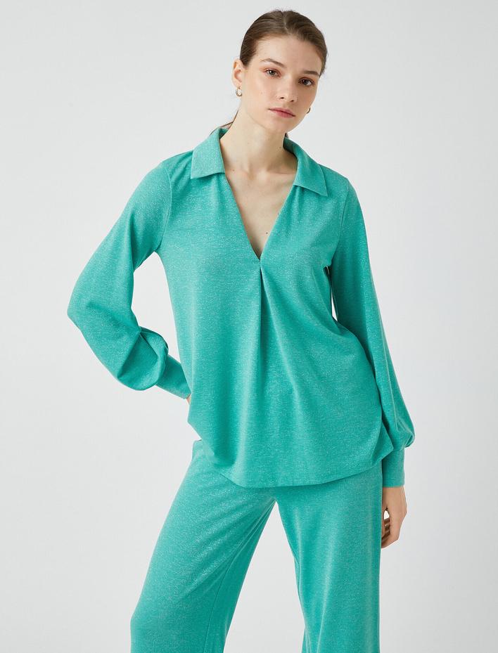  Polo Yaka Uzun Kollu Abiye Bluz Simli