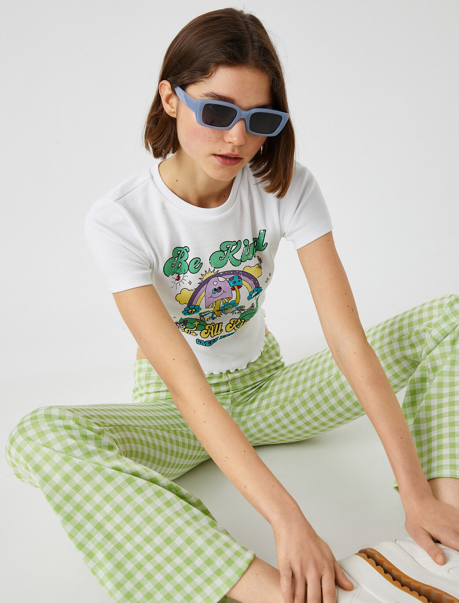   Baskılı Crop Tişört Kısa Kollu Pamuklu