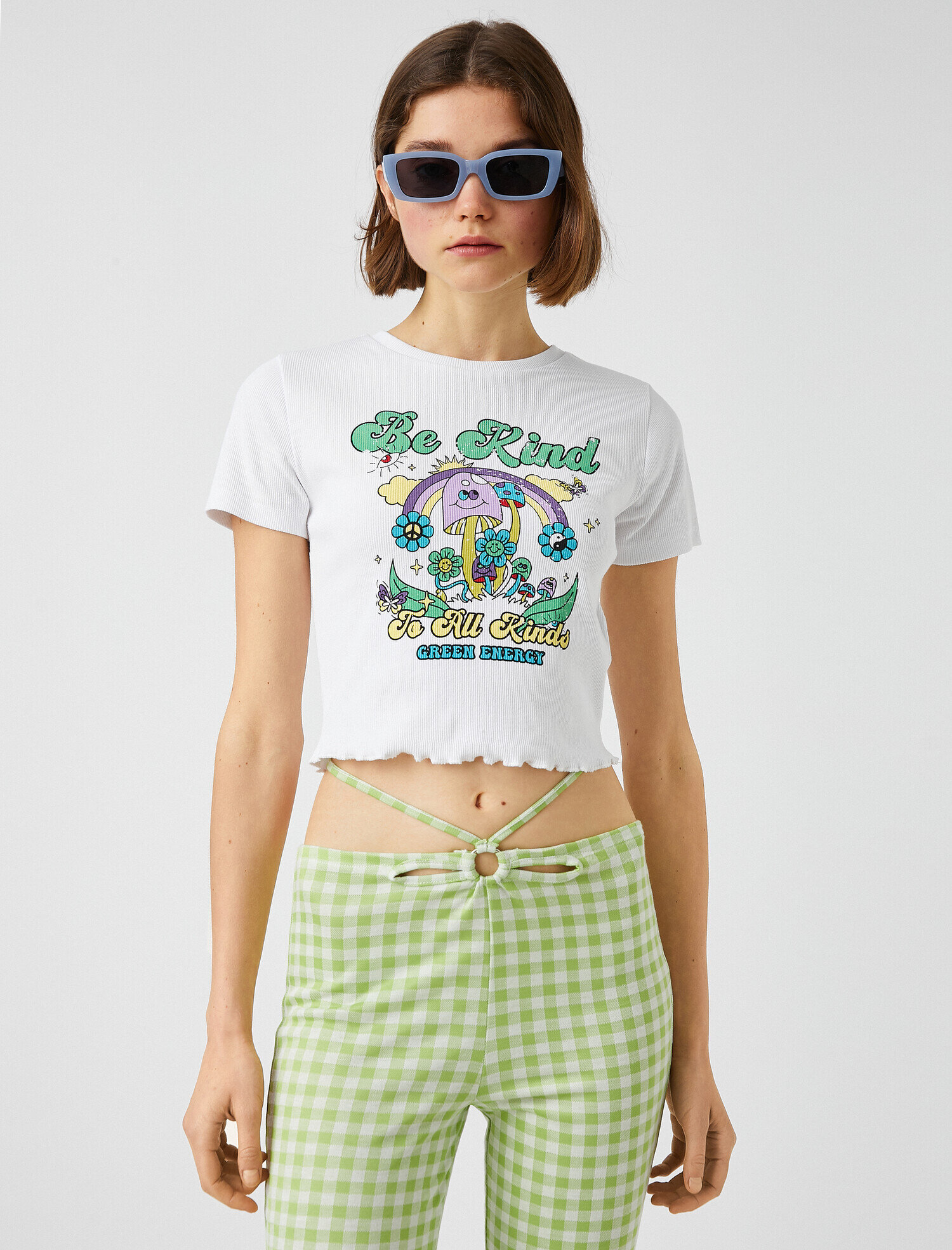   Baskılı Crop Tişört Kısa Kollu Pamuklu