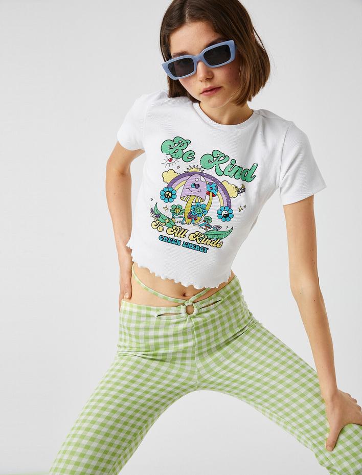  Baskılı Crop Tişört Kısa Kollu Pamuklu