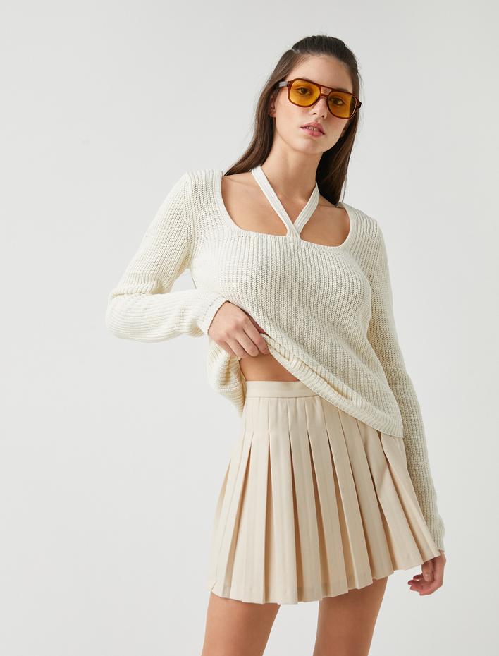  Yaka Detaylı Triko Kazak Uzun Kollu