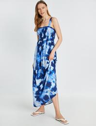 Askılı Uzun Viskon Elbise Desenli Gipe Detaylı