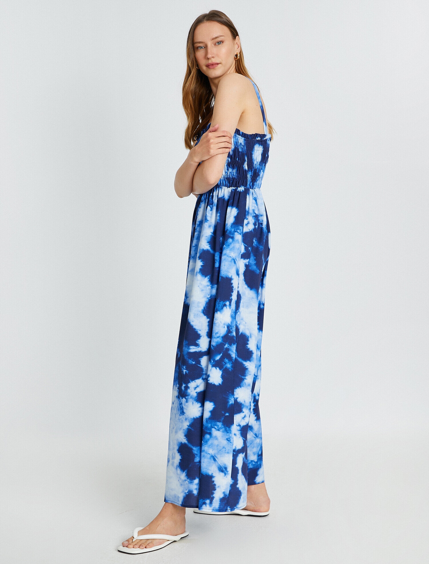   Askılı Uzun Viskon Elbise Desenli Gipe Detaylı