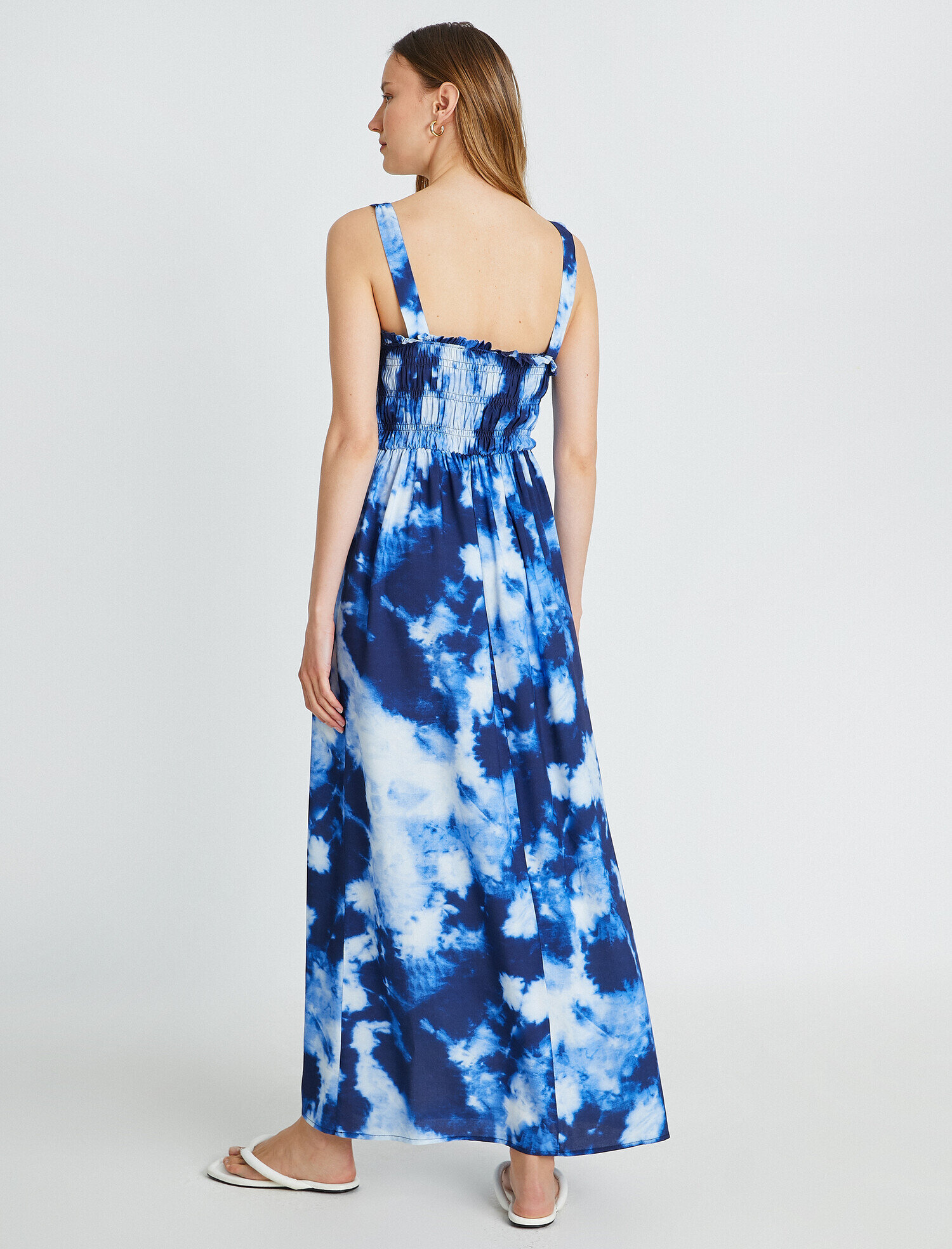   Askılı Uzun Viskon Elbise Desenli Gipe Detaylı