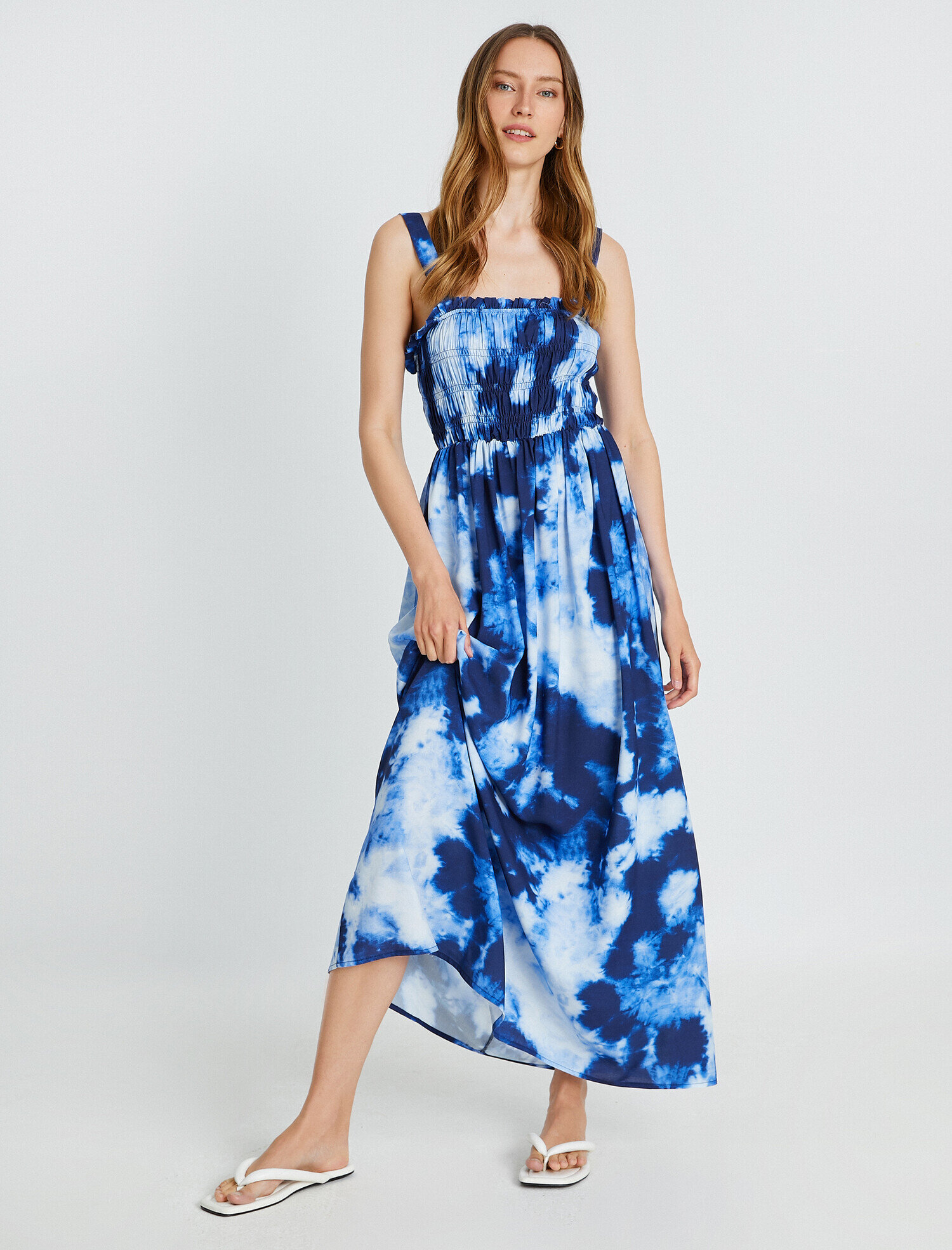   Askılı Uzun Viskon Elbise Desenli Gipe Detaylı