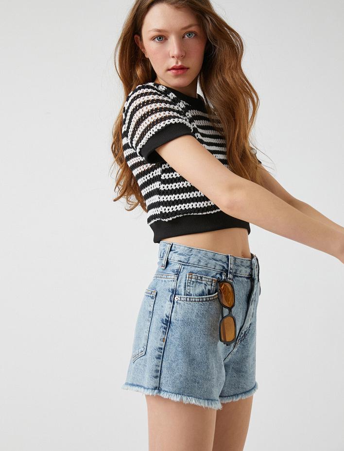  Crop Örgü Tişört Bisiklet Yaka