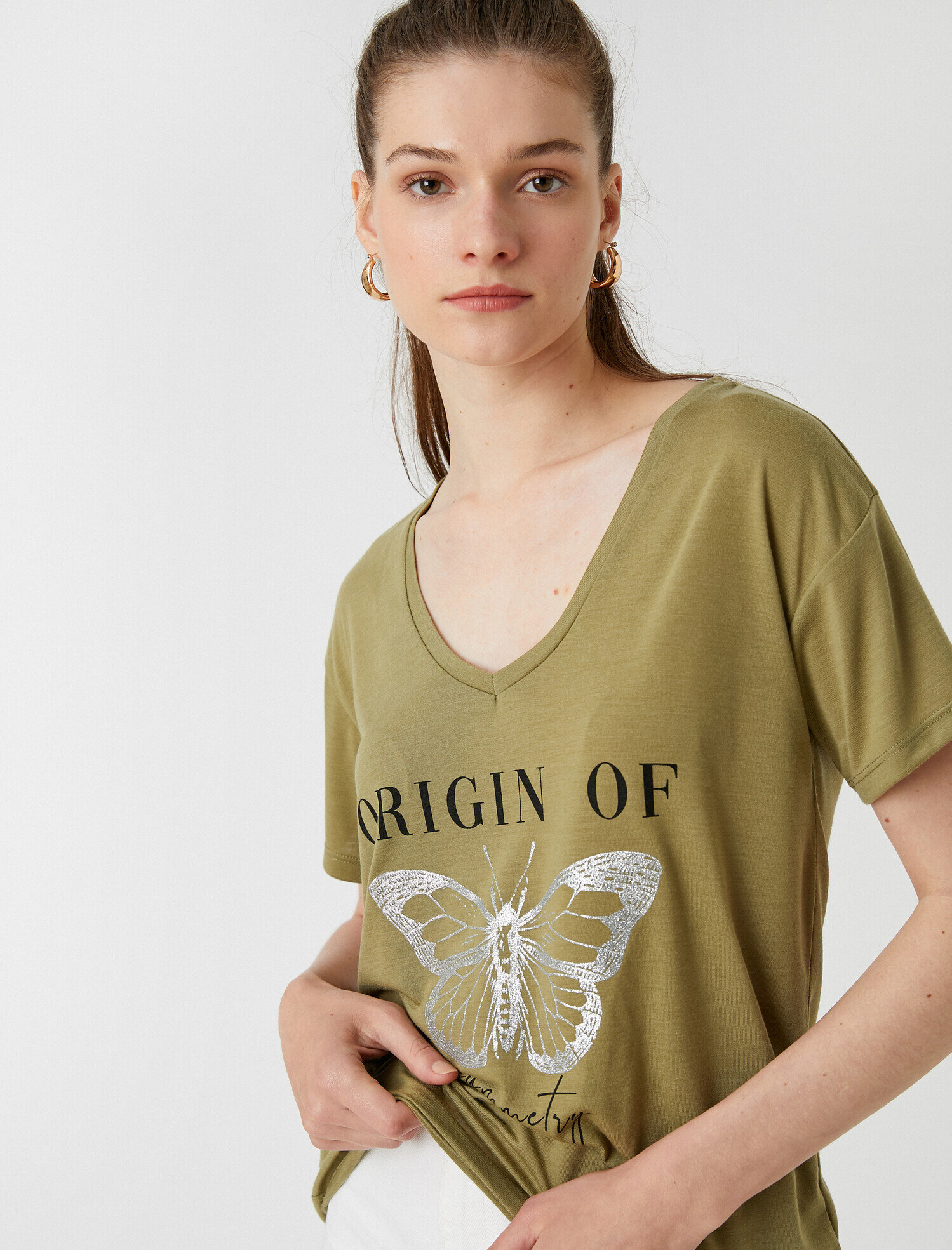   Baskılı Tişört V Yaka Kısa Kollu