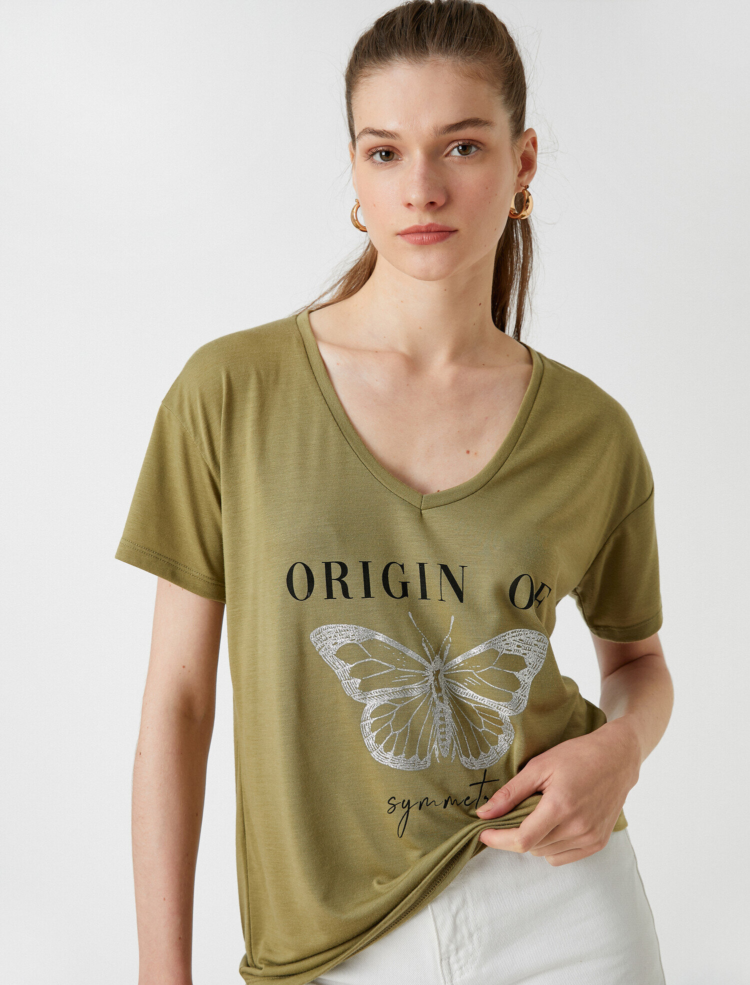   Baskılı Tişört V Yaka Kısa Kollu