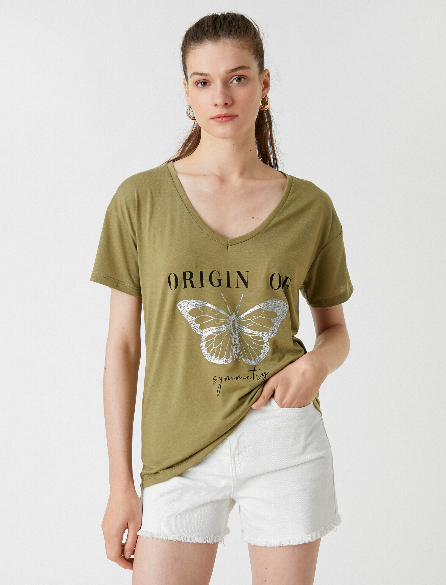   Baskılı Tişört V Yaka Kısa Kollu