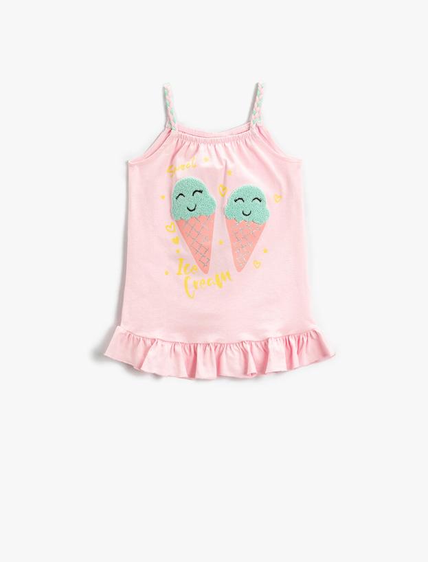  Kız Bebek Dondurma Baskılı Askılı Fırfırlı Elbise Pamuklu