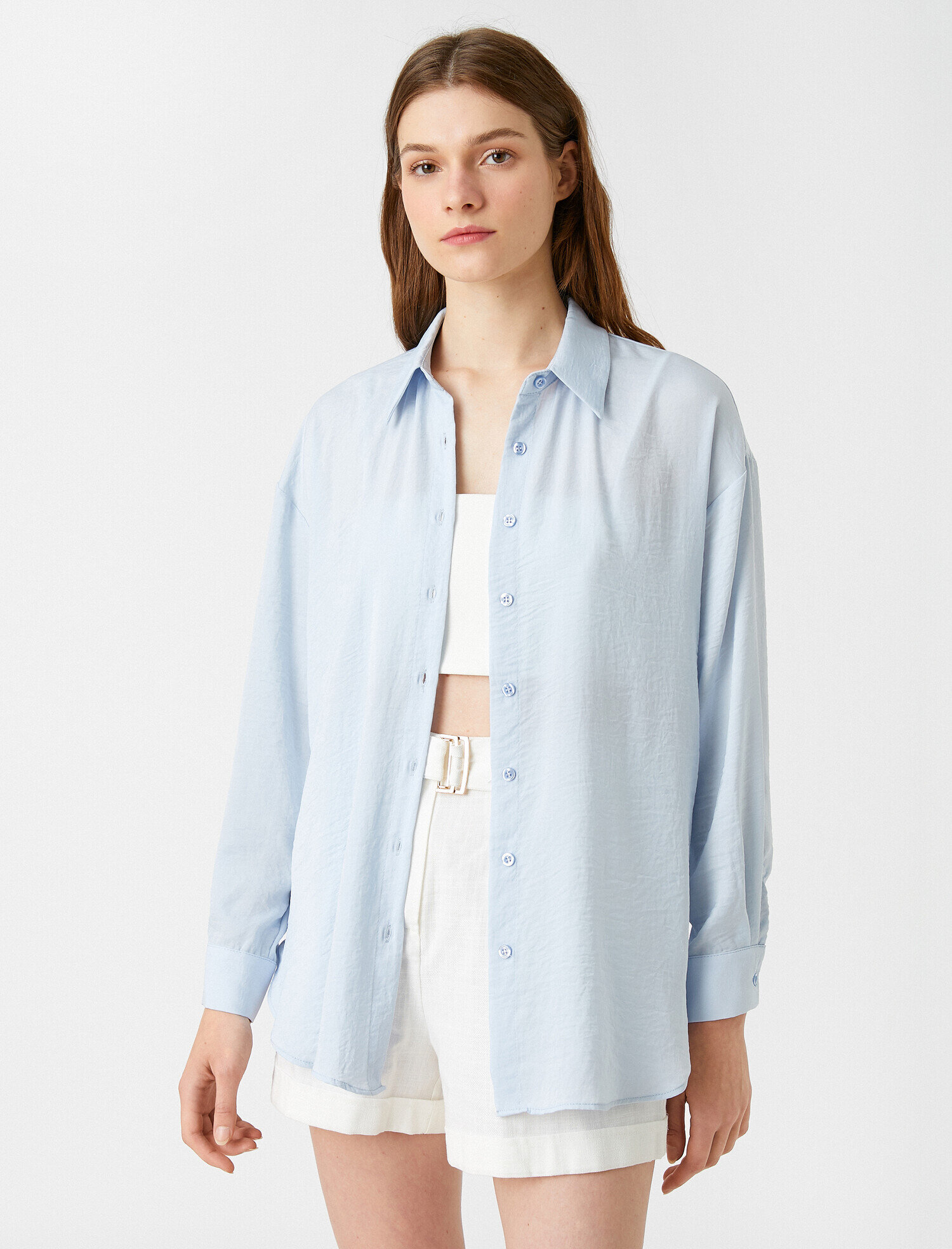   Oversize Gömlek Uzun Kollu Saten Görünümlü