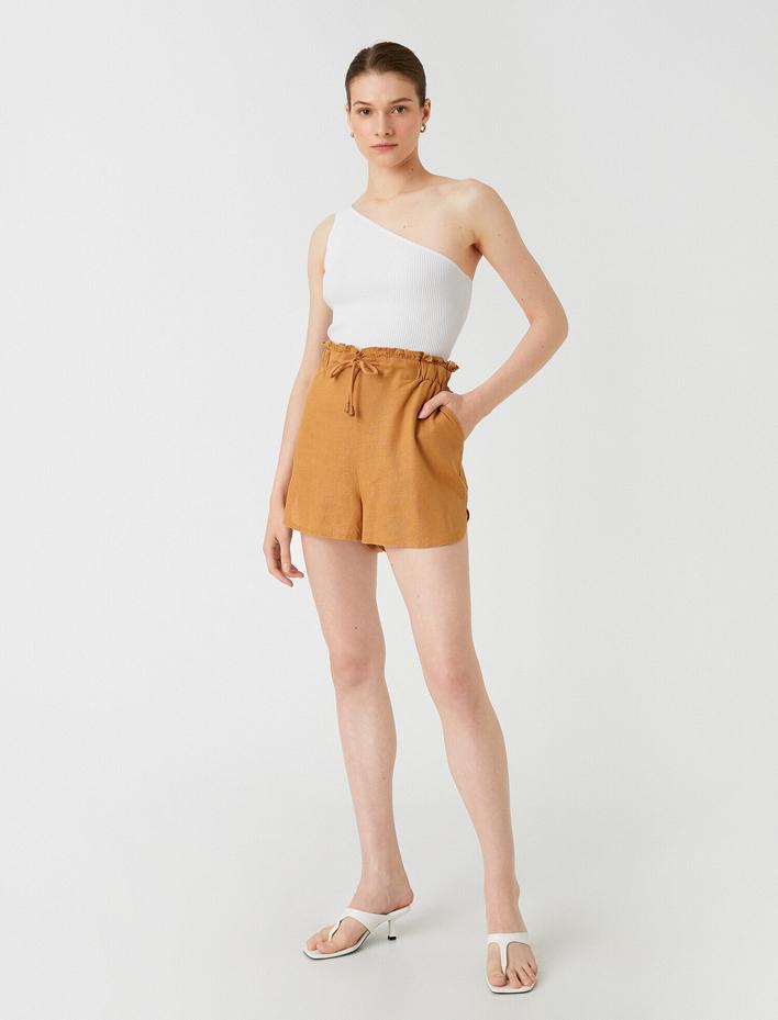  Mini Şort Keten Karışımlı Beli Bağlamalı