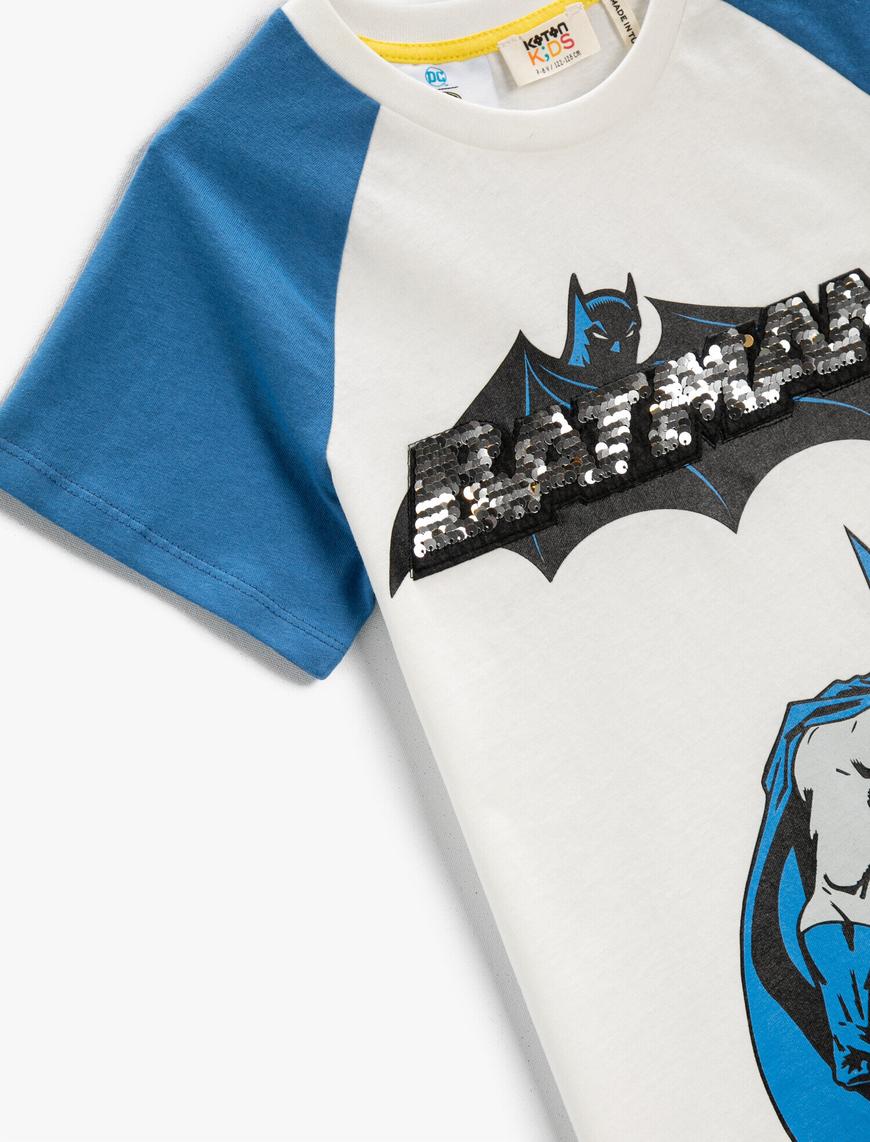  Erkek Çocuk Batman Baskılı Tişört Lisanslı Pullu Payetli Pamuklu