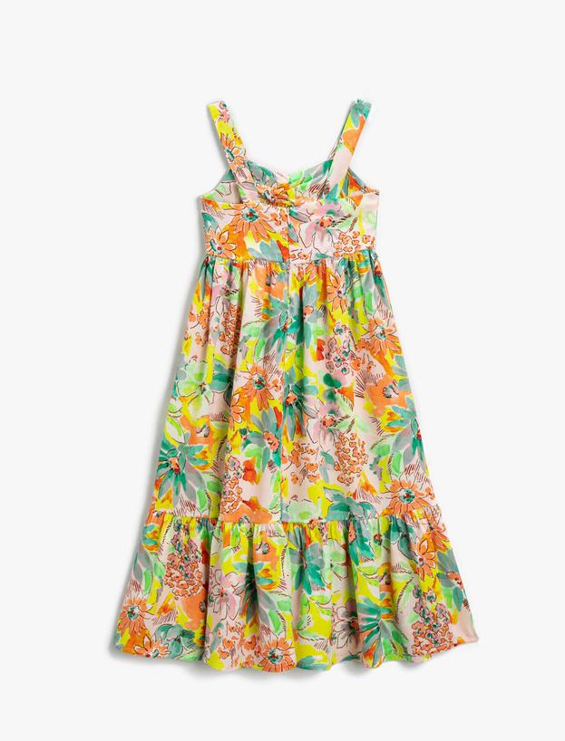  Kız Çocuk Çiçekli Elbise Maxi Askılı Kalp Yaka Fırfırlı