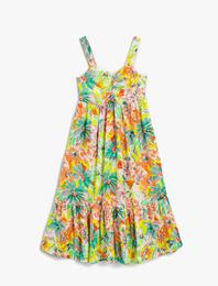 Çiçekli Elbise Maxi Askılı Kalp Yaka Fırfırlı