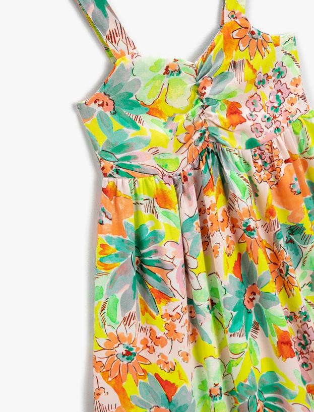  Çiçekli Elbise Maxi Askılı Kalp Yaka Fırfırlı